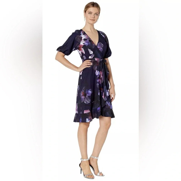 Adrianna Papell Ruffle Hem Dreamy Hibiscus Wrap Dress size 6 - Picture 1 of 16